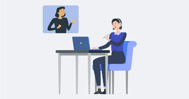 オンライン英会話レッスンのイラスト。講師が画面越しに話し、受講者がパソコンで学習している様子。