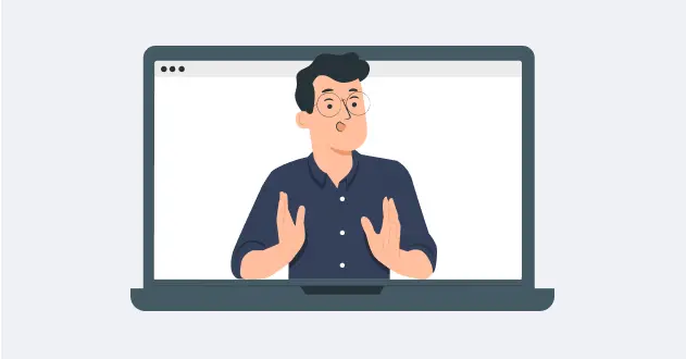 オンライン英語コーチングのイラスト。パソコンの画面越しにジェスチャーを交えながら話している様子。