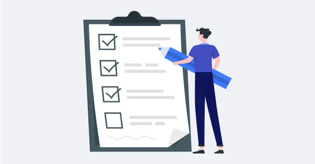 大きなチェックリストにチェックを入れる人のイラスト。VERSANT試験の進捗や達成度を示している。