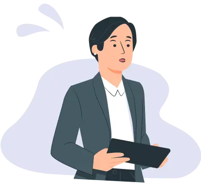 不安そうな表情でタブレットを持つ人のイラスト