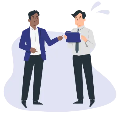 タブレットを持った男性が、外国人と会話に戸惑っている様子のイラスト