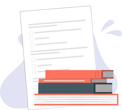 英語の資格試験の答案用紙と積み重なった参考書のイラスト