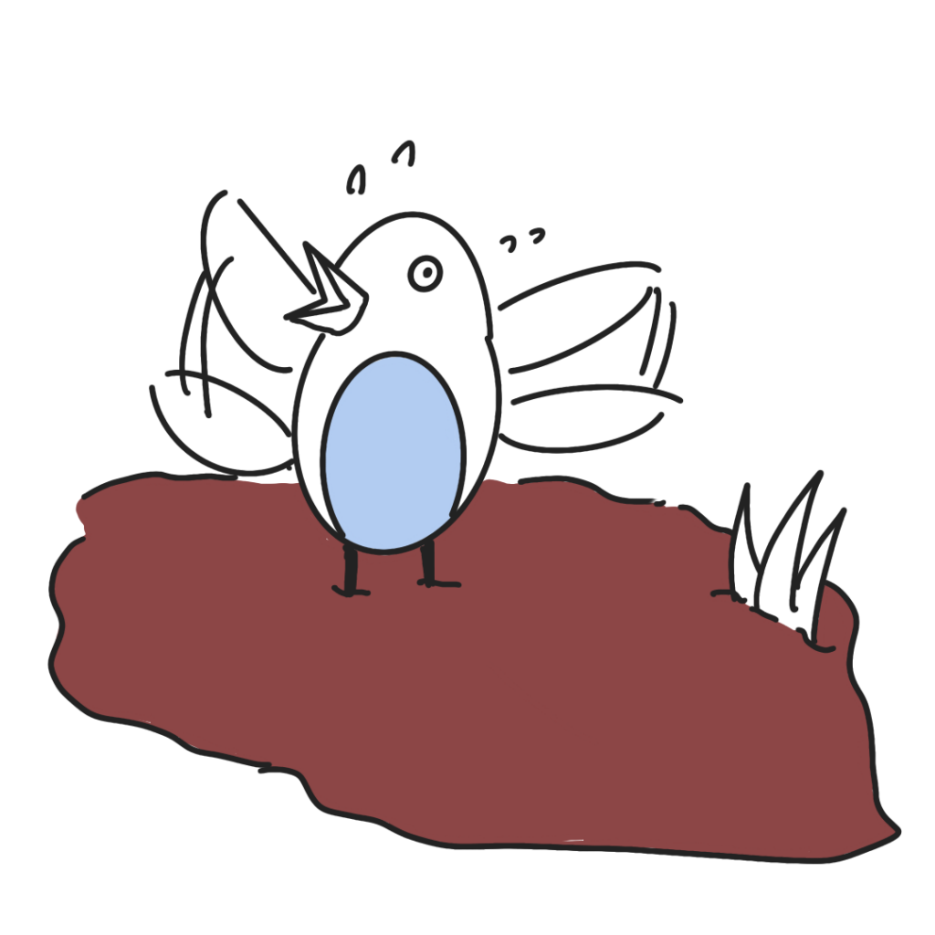 a small bird with its feet buried in the mud