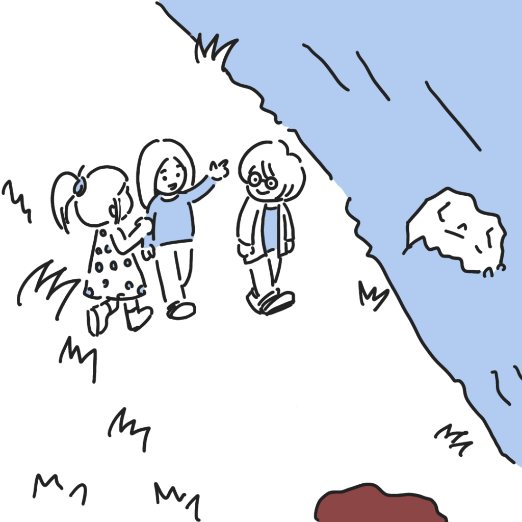 Three girls were walking along the edge of a stream