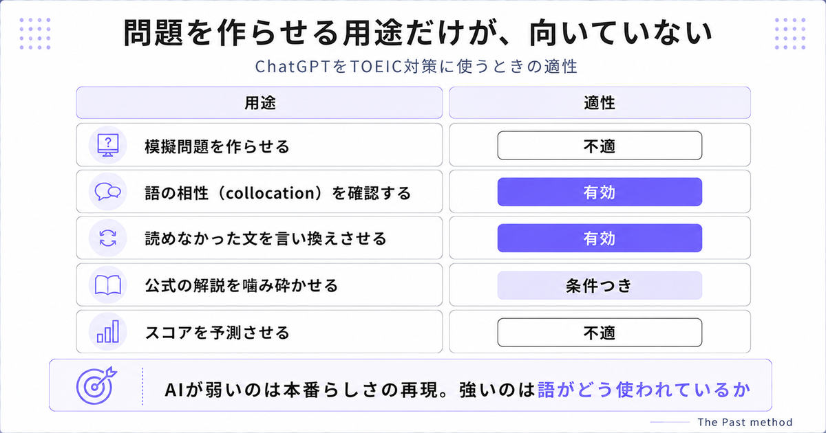 ChatGPTをTOEIC対策に使うときの用途別の適性。模擬問題の作成とスコア予測は不適