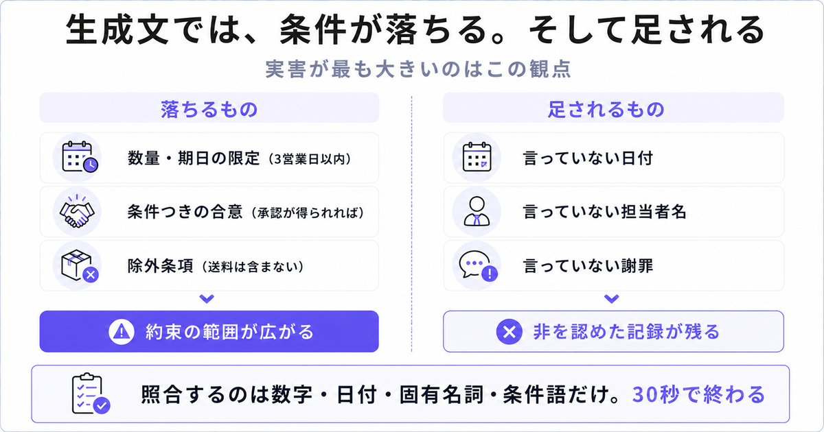 生成文で落ちる条件と足される情報を対比した図。約束の範囲が広がる／非を認めた記録が残る