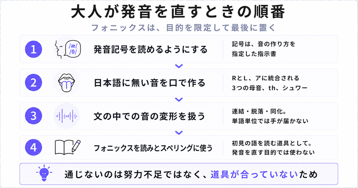 大人が発音を直す順番の4ステップ。発音記号・音素の調音・音声変化・フォニックスの順