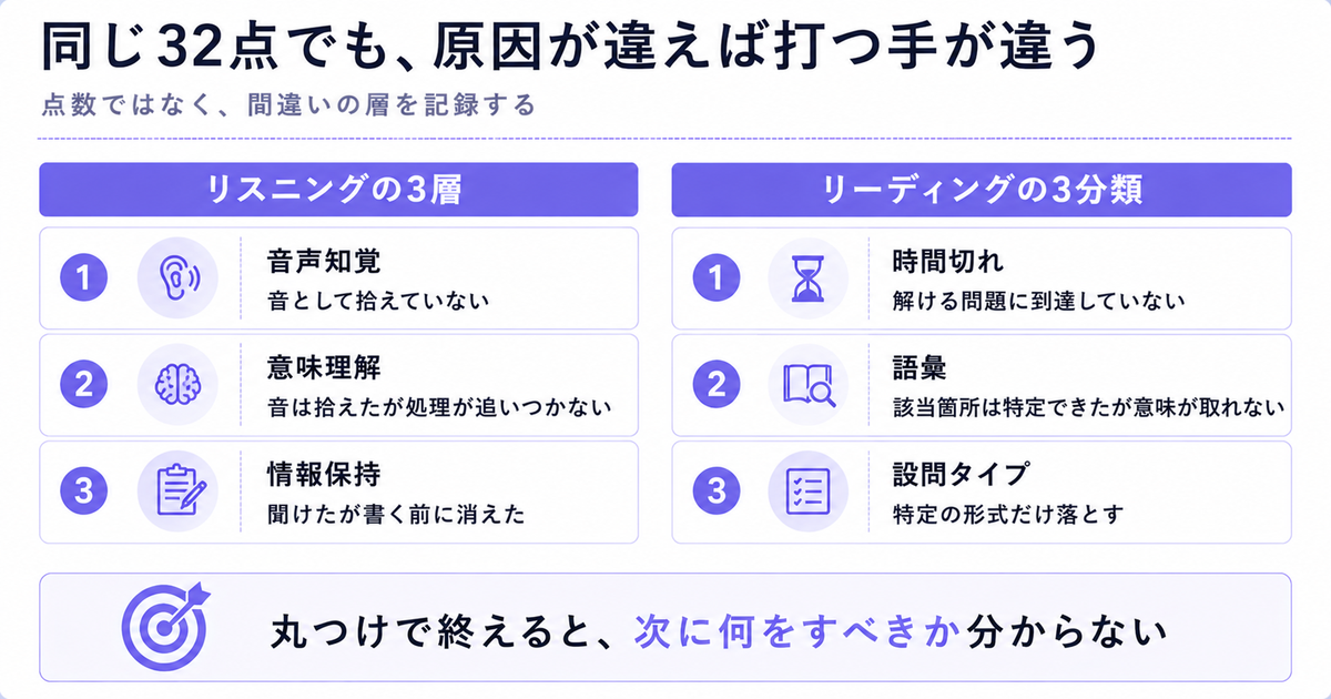間違いを層に分解する表。リスニングは音声知覚・意味理解・情報保持、リーディングは時間切れ・語彙・設問タイプ