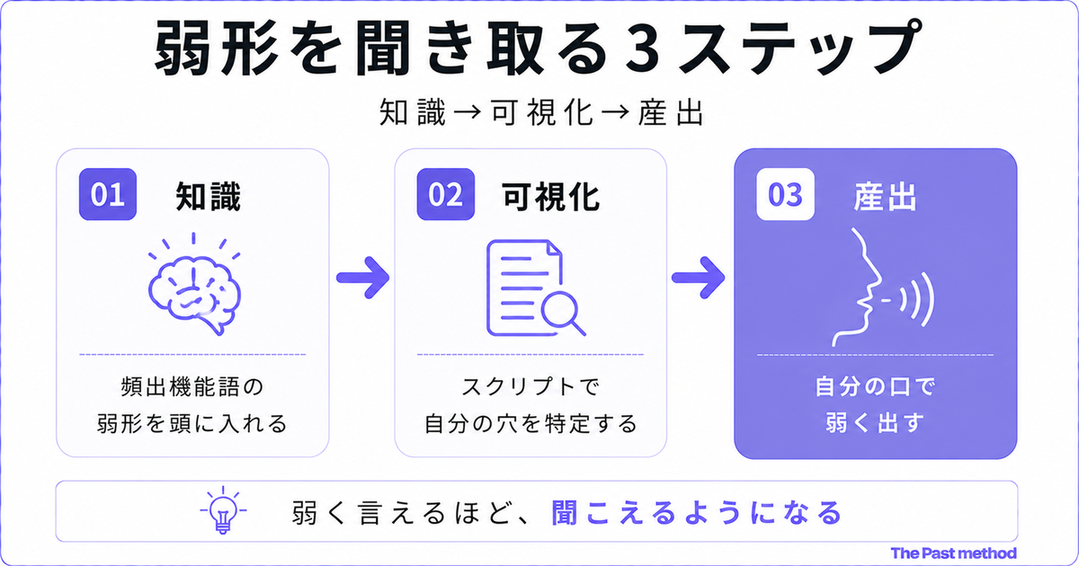 「弱形を聞き取る3ステップ」知識→可視化→産出の3ステップ図。01知識「頻出機能語の弱形を頭に入れる」、02可視化「スクリプトで自分の穴を特定する」、03産出(濃い紫で強調)「自分の口で弱く出す」。下部に「弱く言えるほど、聞こえるようになる」の結論バー