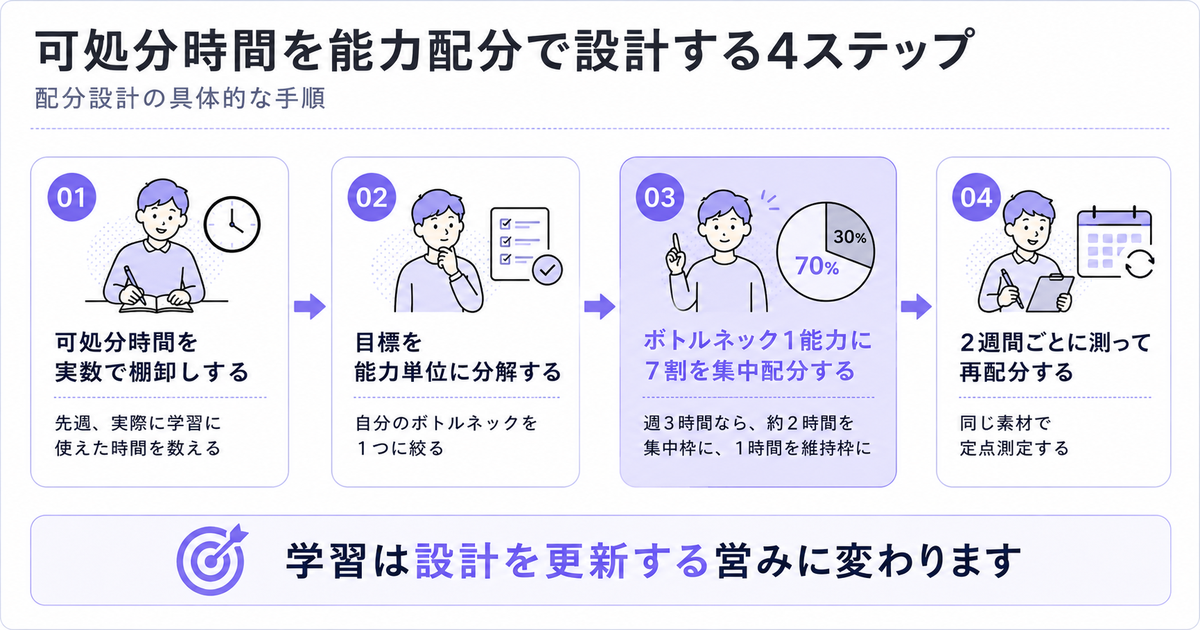 「可処分時間を能力配分で設計する4ステップ」の図。01可処分時間を実数で棚卸しする(先週実際に学習に使えた時間を数える)→02目標を能力単位に分解する(自分のボトルネックを1つに絞る)→03ボトルネック1能力に7割を集中配分する(週3時間なら約2時間を集中枠に、1時間を維持枠に、最重要として強調)→04 2週間ごとに測って再配分する(同じ素材で定点測定する)。結論「学習は設計を更新する営みに変わります」