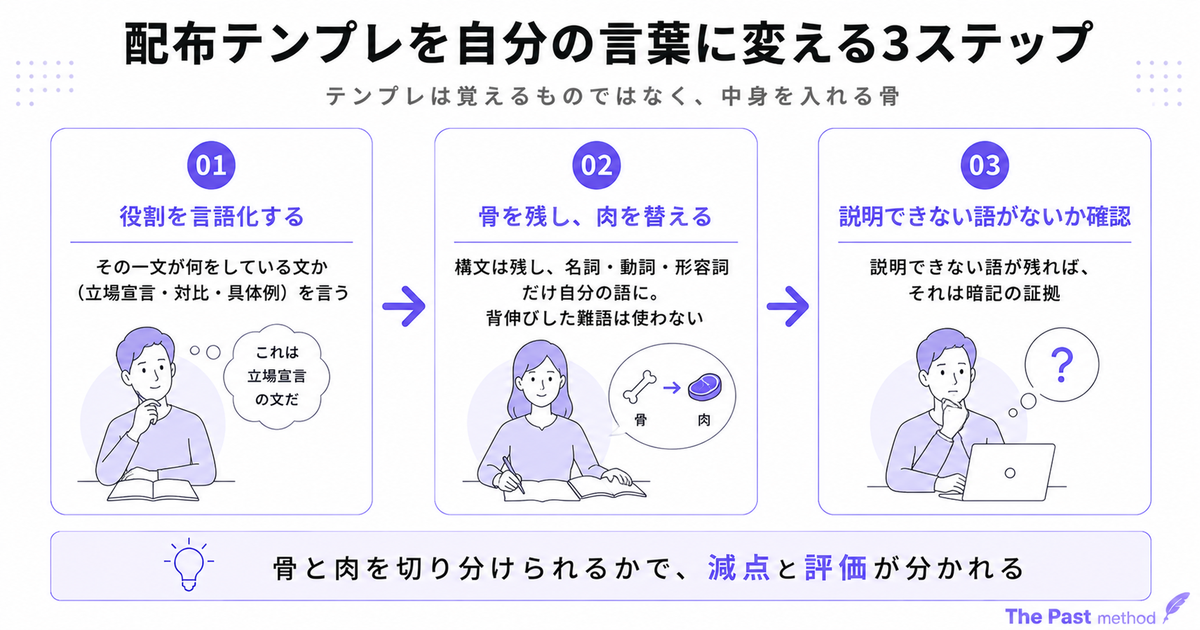 配布テンプレを自分の言葉に変える3ステップ。役割を言語化→骨を残し肉を替える→説明できない語がないか確認