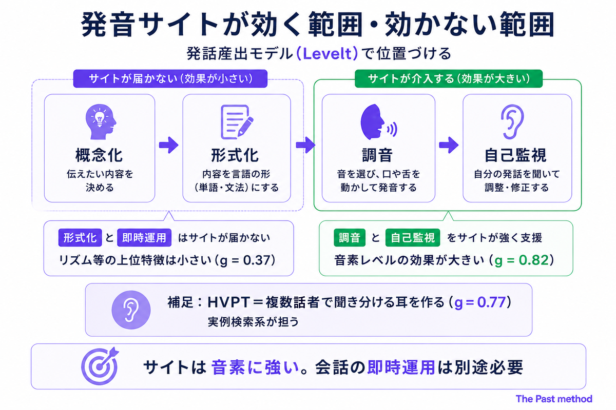 発音サイトが効く範囲と効かない範囲を発話産出モデル（Levelt）で位置づけた図。概念化と形式化にはサイトが届かず上位特徴の効果は小さい（g=0.37）。調音と自己監視はサイトが強く支援し音素レベルの効果が大きい（g=0.82）。HVPTで聞き分ける耳を作る効果はg=0.77