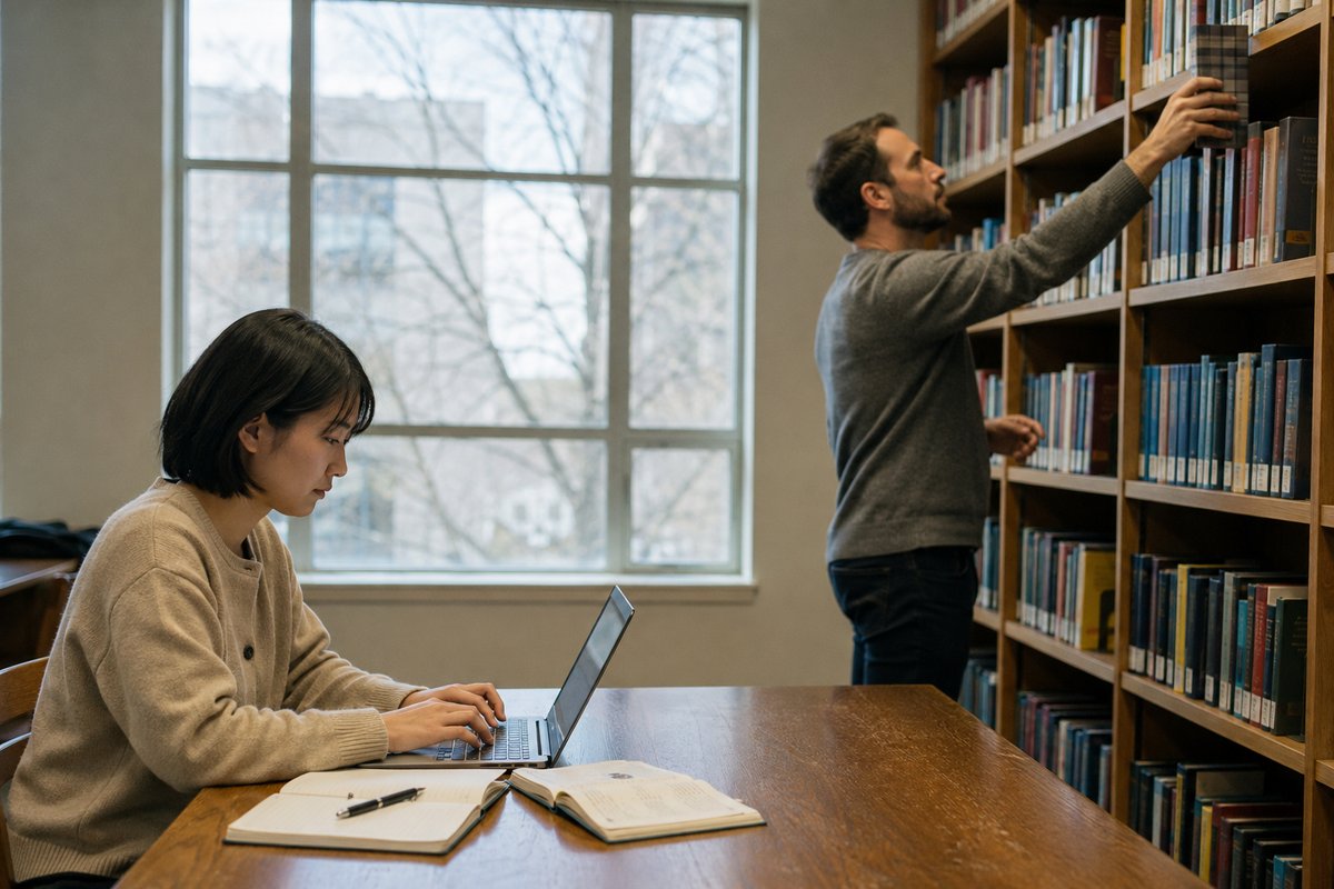 図書館の閲覧室。手前のテーブルで女性がノートパソコンを打ち、奥の書棚で男性が本に手を伸ばしている