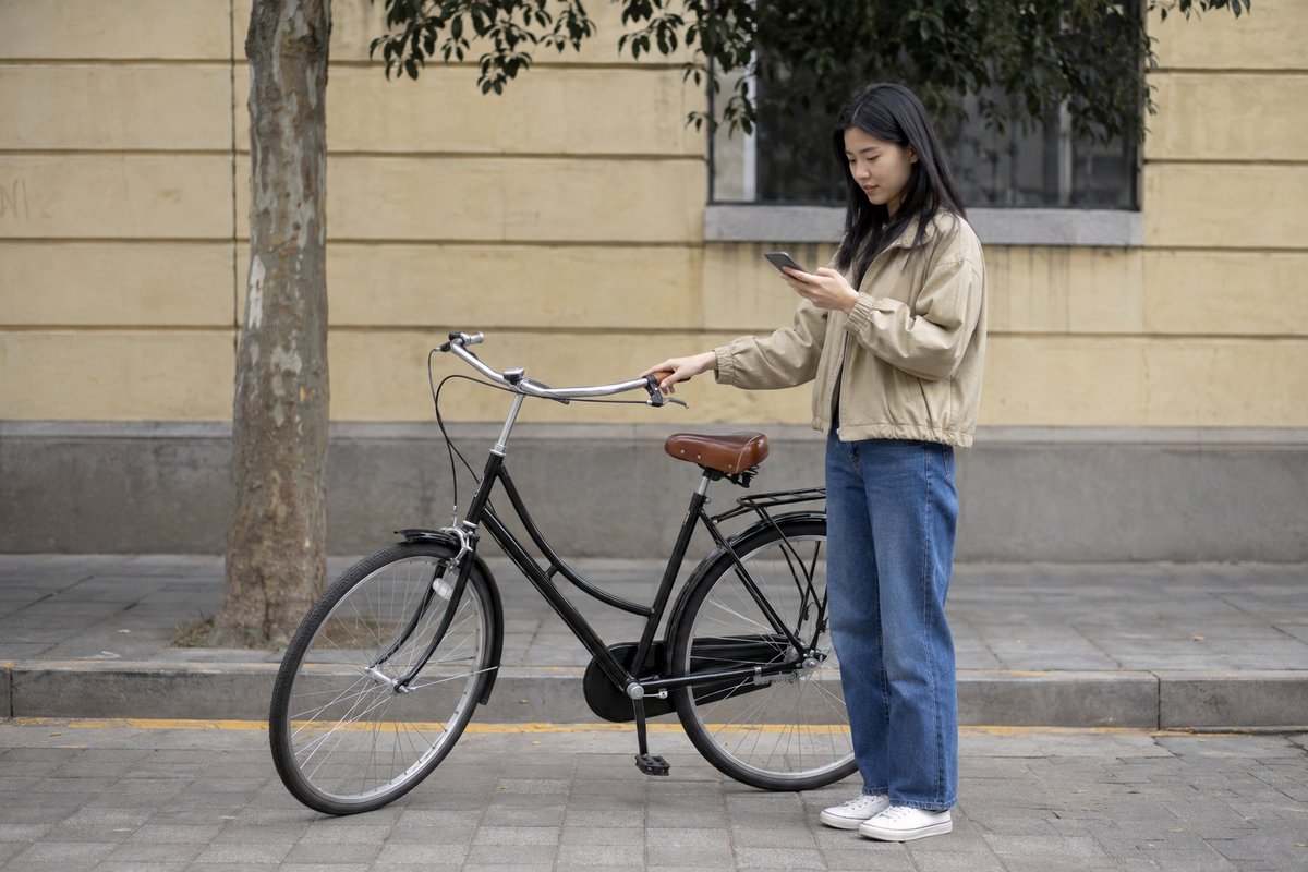 街路の歩道で、女性が停めた自転車の横に立ち、ハンドルに手を添えてスマートフォンを見ている