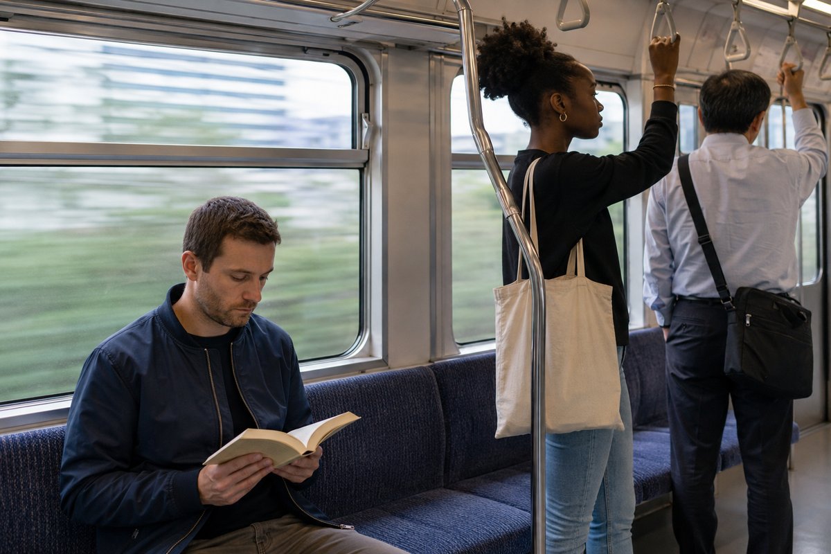走行中の電車の車内。窓際の席で男性が本を読み、その横で乗客2人がつり革と手すりにつかまって立っている