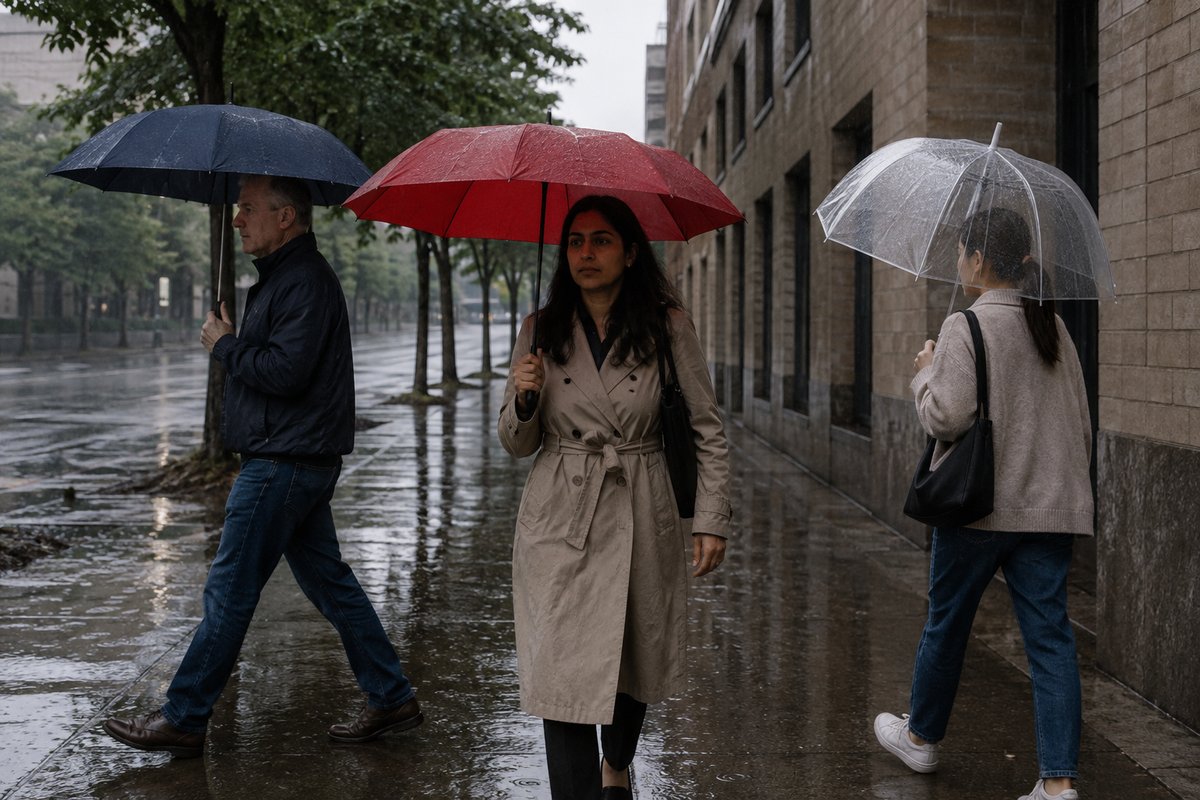 雨の街路。赤・紺・透明の傘をさした3人が、濡れて光る歩道を歩いている