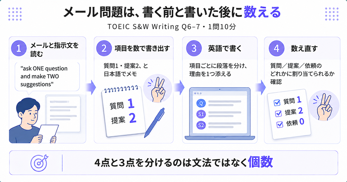 メール問題を「メールと指示文を読む→項目を数で書き出す→英語で書く→数え直す」の4ステップで示した図。結論は「4点と3点を分けるのは文法ではなく個数」