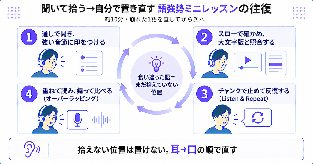 語強勢ミニレッスンの往復を4工程の循環で示した図。通しで聞いて印をつける→スローで大文字版と照合→チャンクで止めて反復→重ねて読んで録って比べる。結論は「拾えない位置は置けない。耳→口の順で直す」