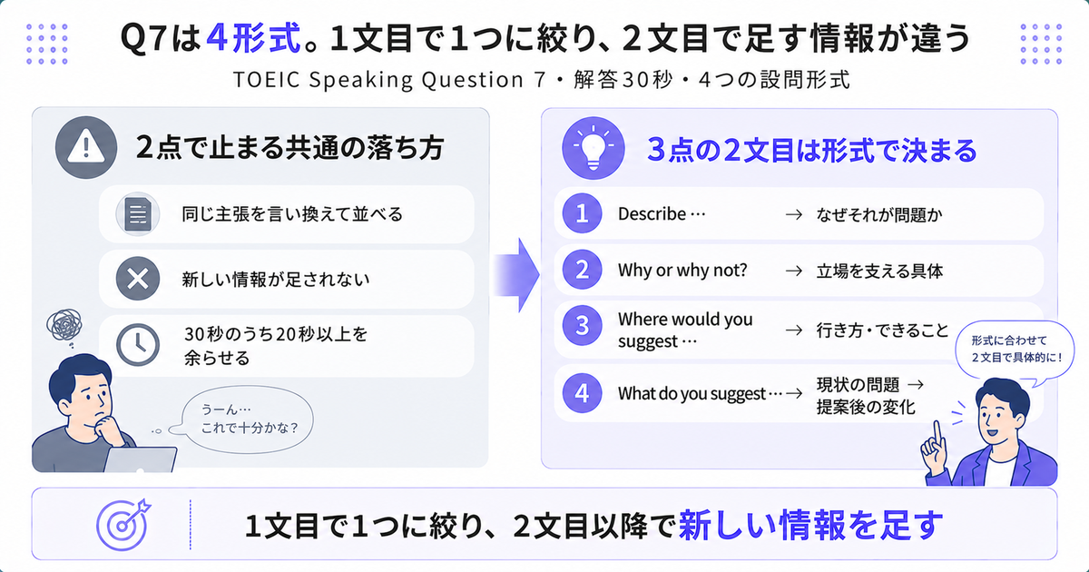 Question 7の4形式を課題と解決で示した図。2点で止まる落ち方は同じ主張の言い換え・新情報なし・20秒以上余る。3点の2文目はDescribe、Why or why not、Where would you suggest、What do you suggestの形式ごとに足す情報が違う